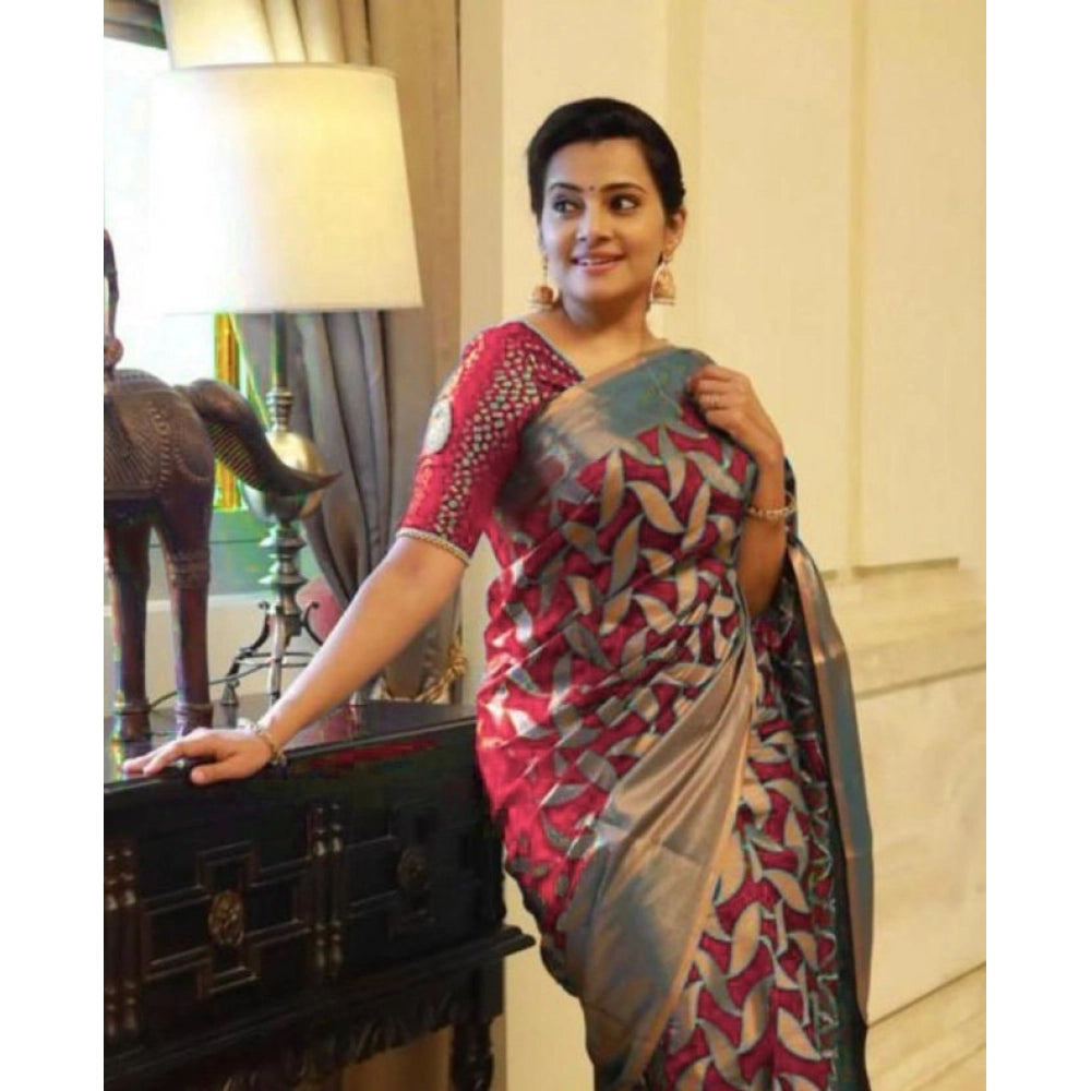 Women's Litchi Silk Printed Saree — Red · _RED