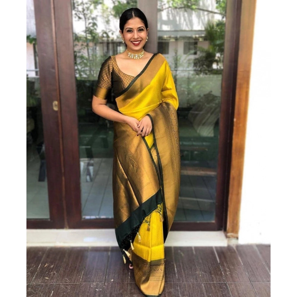 Women's Litchi Silk Printed Saree — Yellow · LLOW