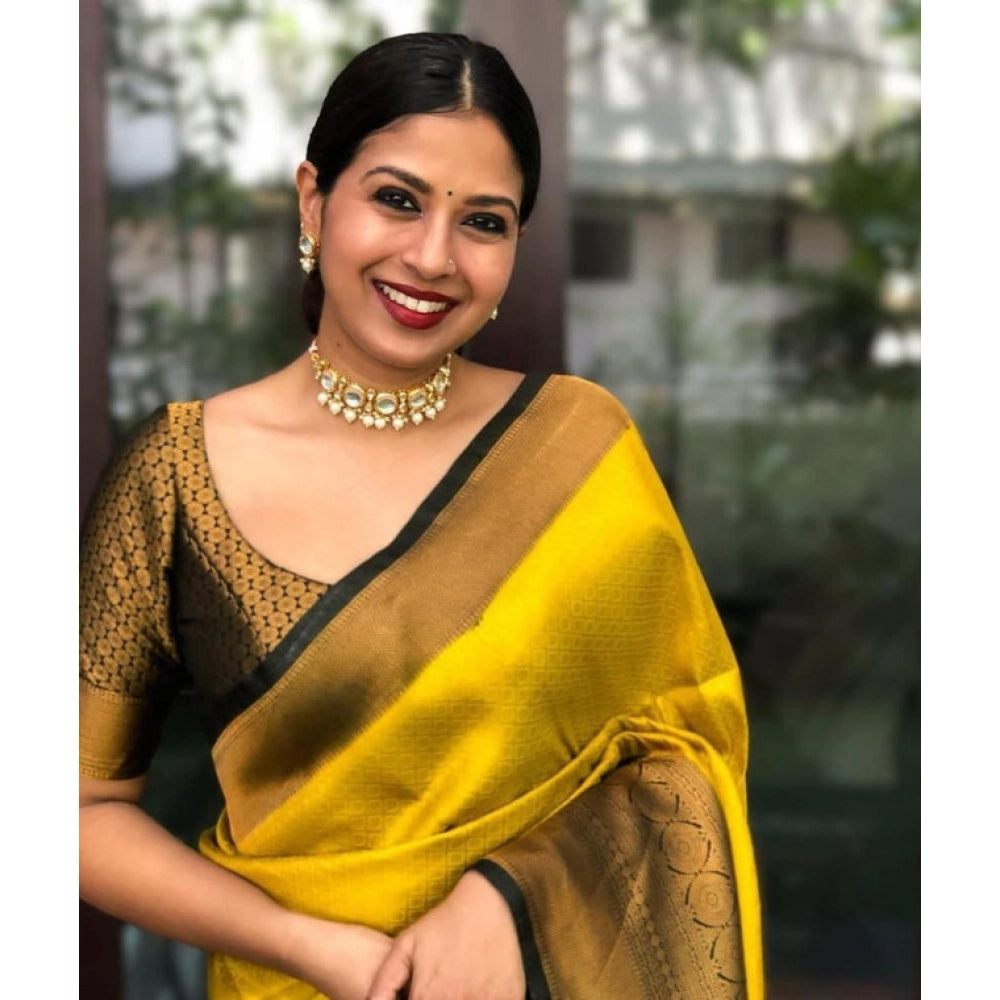 Women's Litchi Silk Printed Saree — Yellow · LLOW