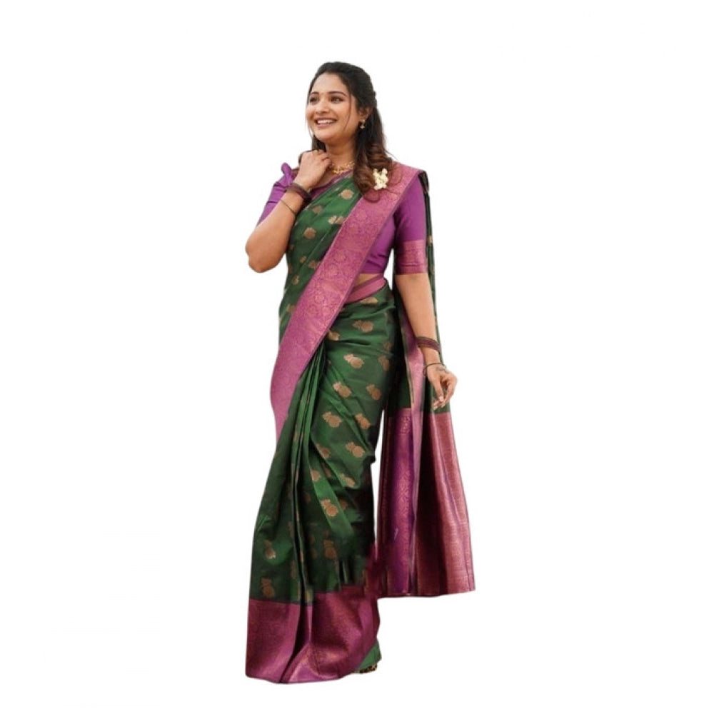 Women's Litchi Silk Printed Saree — Green · REEN