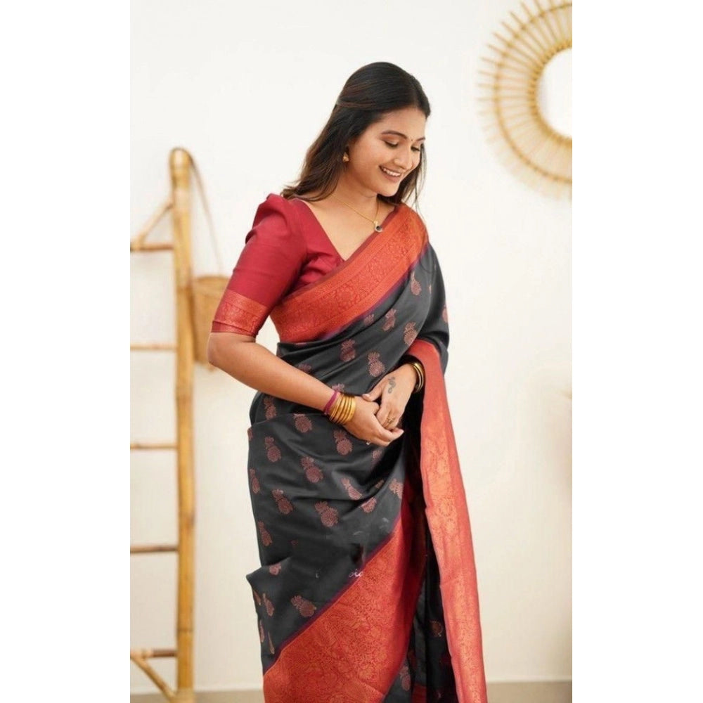 Women's Litchi Silk Printed Saree — Grey · GREY