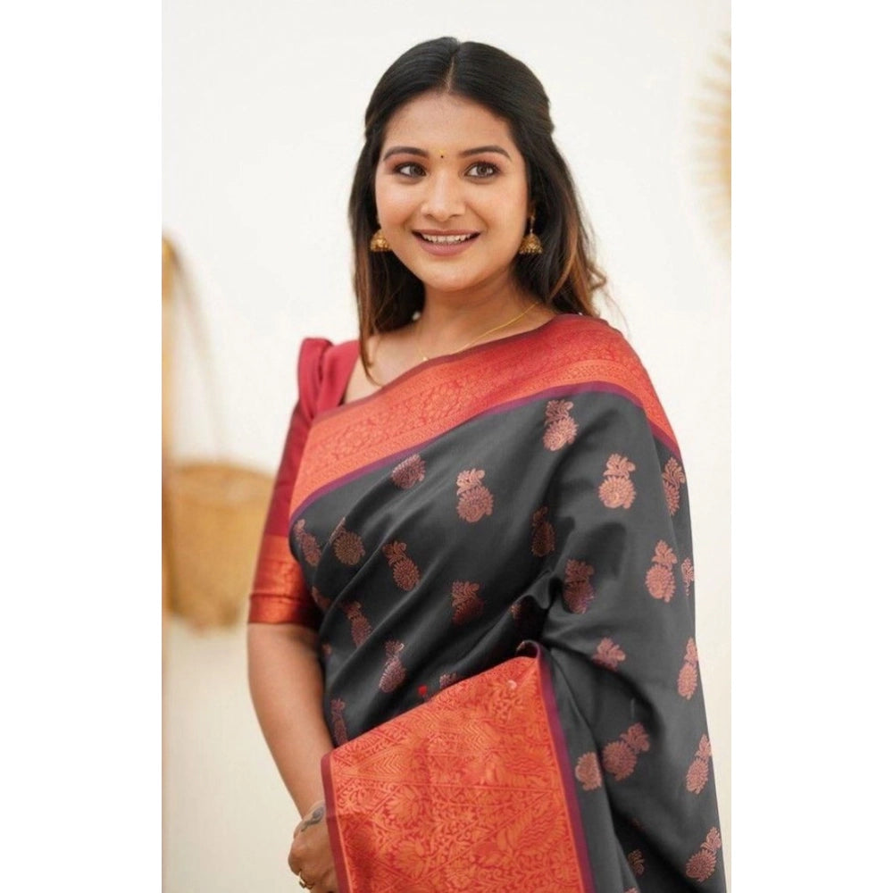 Women's Litchi Silk Printed Saree — Grey · GREY