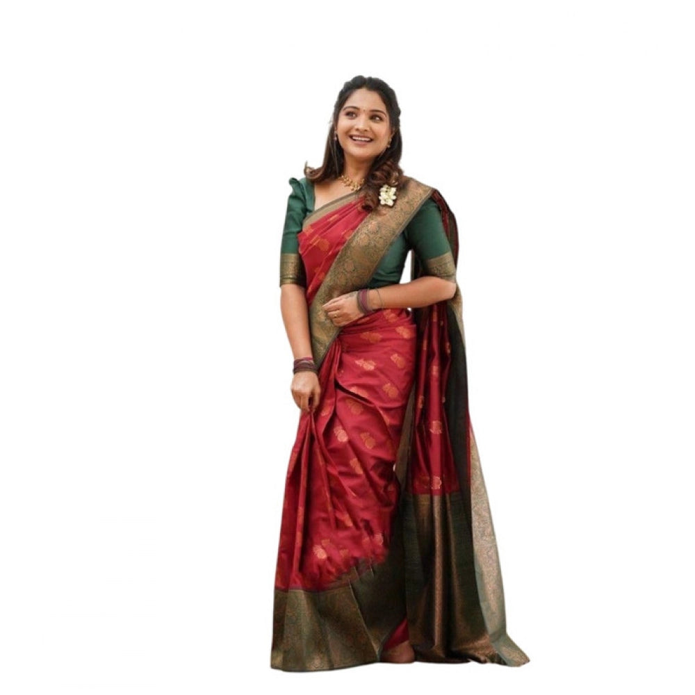 Women's Litchi Silk Printed Saree — Red · _RED