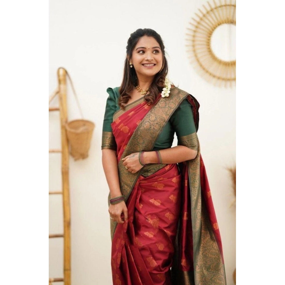 Women's Litchi Silk Printed Saree — Red · _RED