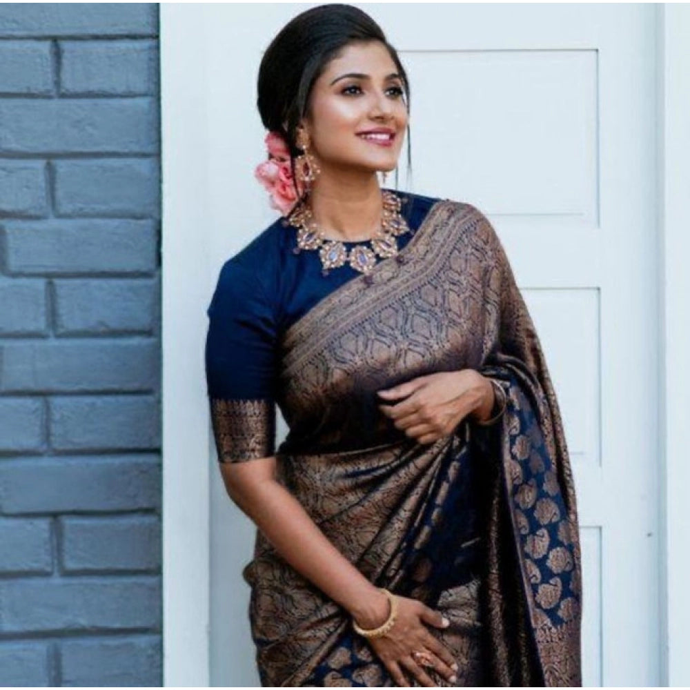 Women's Litchi Silk Printed Saree — Blue · BLUE