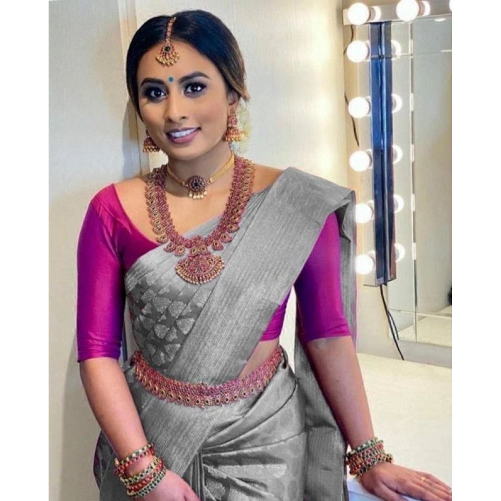 Women's Litchi Silk Printed Saree — Grey · GREY