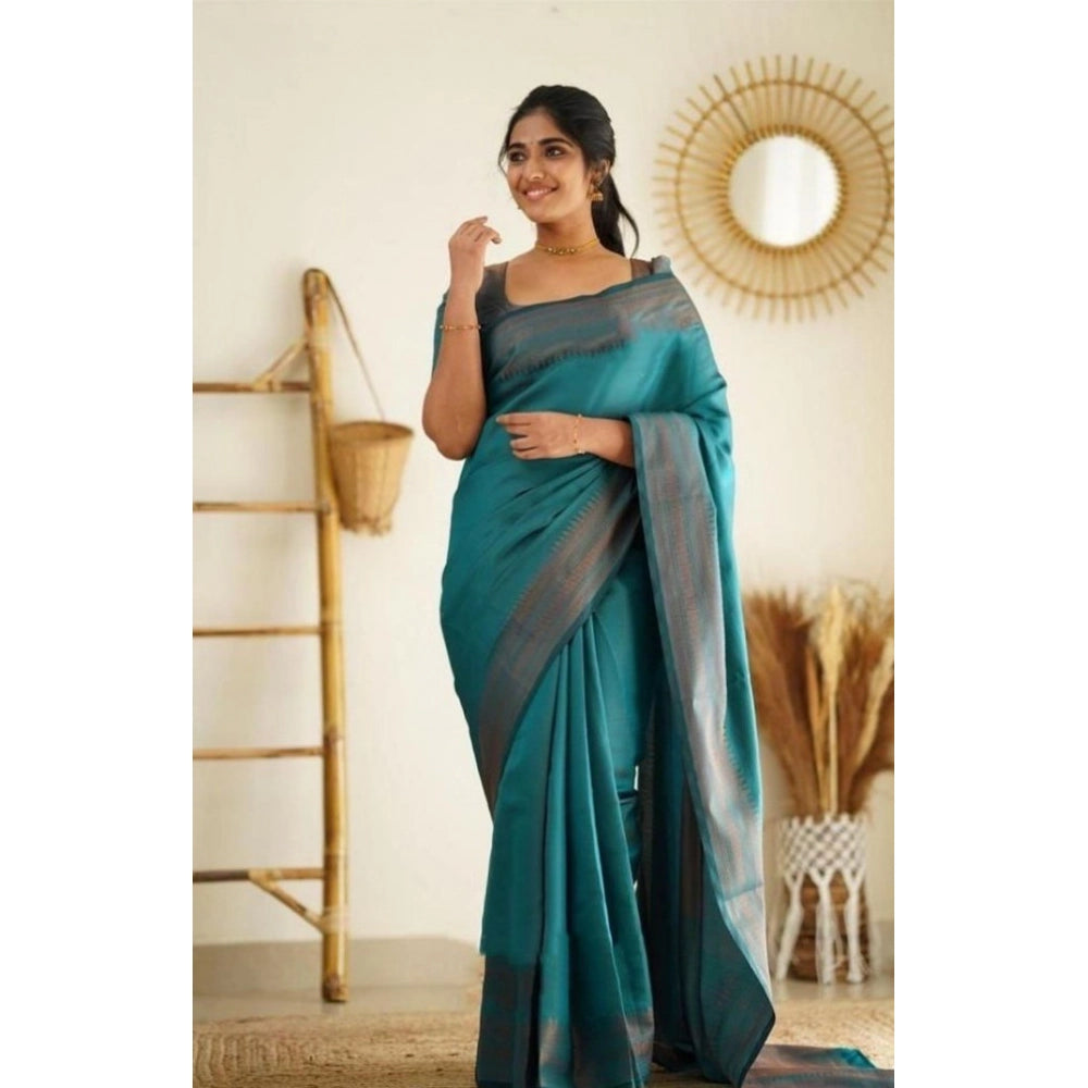 Women's Litchi Silk Printed Saree — Rama Blue · RAMA