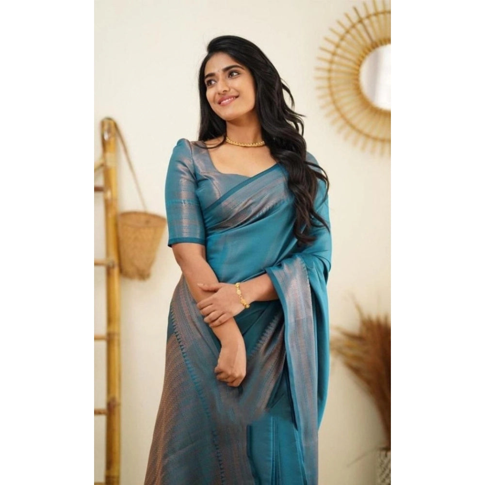 Women's Litchi Silk Printed Saree — Rama Blue · RAMA