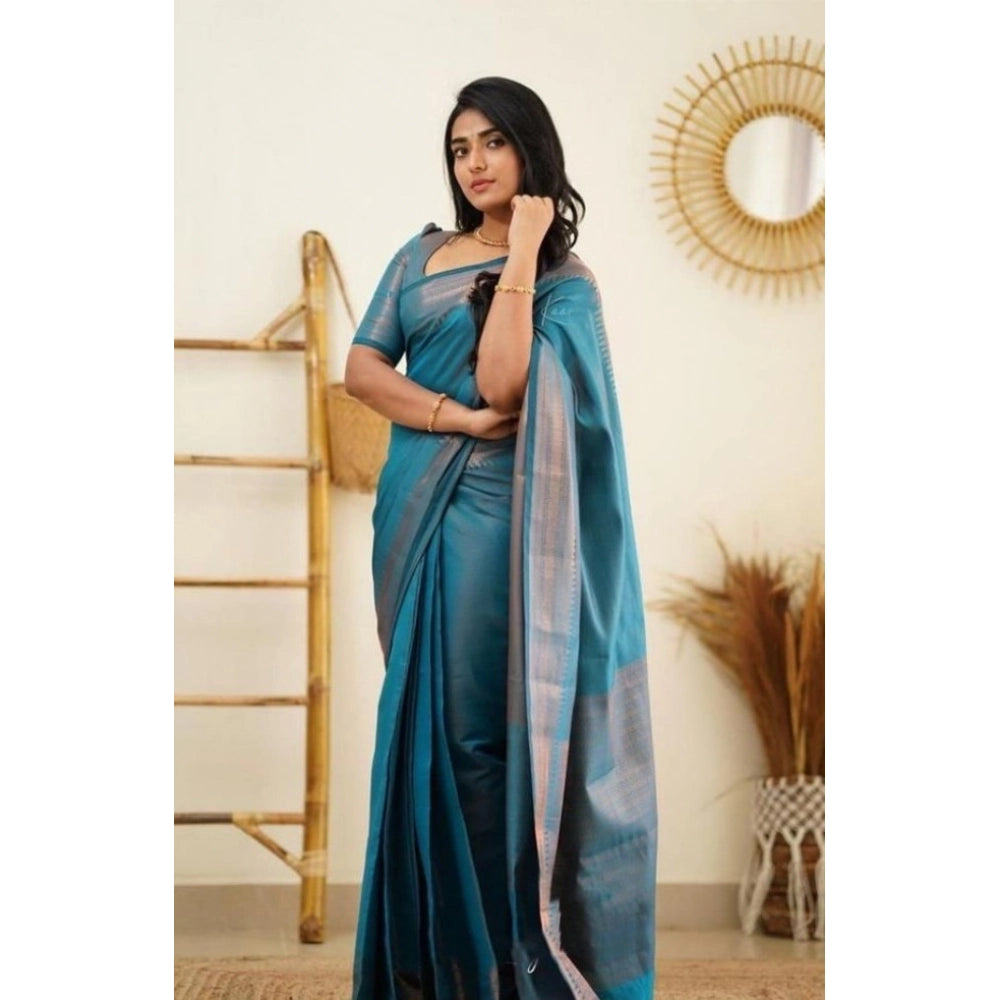 Women's Litchi Silk Printed Saree — Rama Blue · RAMA