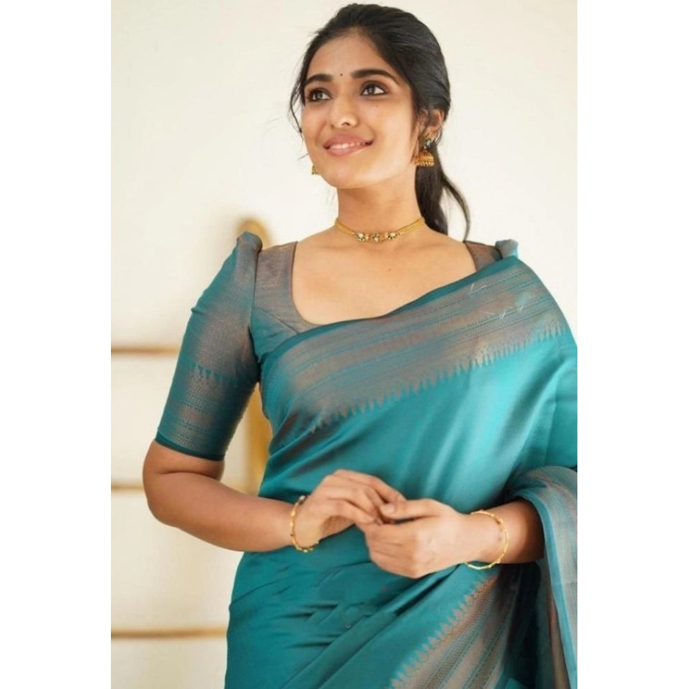 Women's Litchi Silk Printed Saree — Rama Blue · RAMA