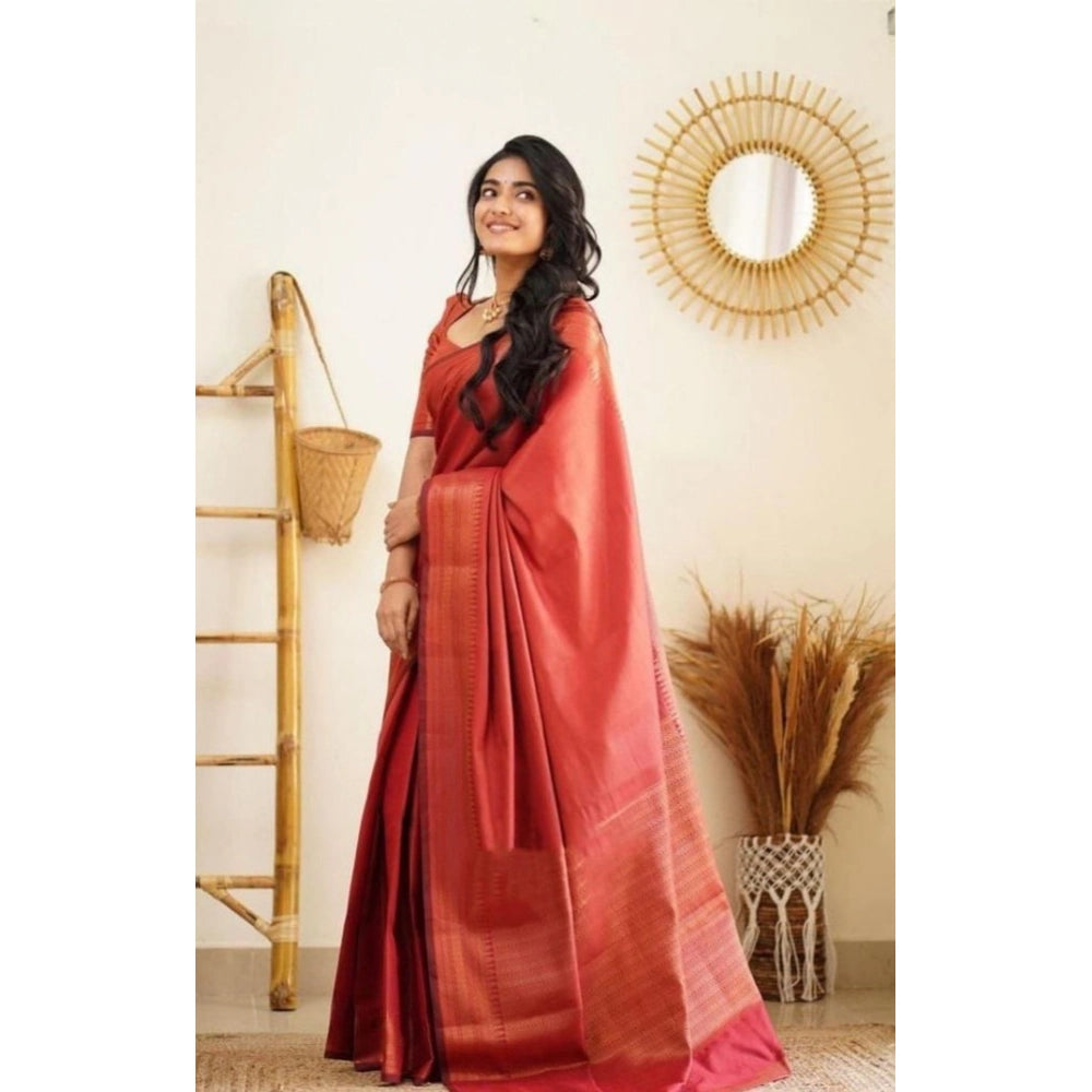 Women's Litchi Silk Printed Saree — Red · _RED