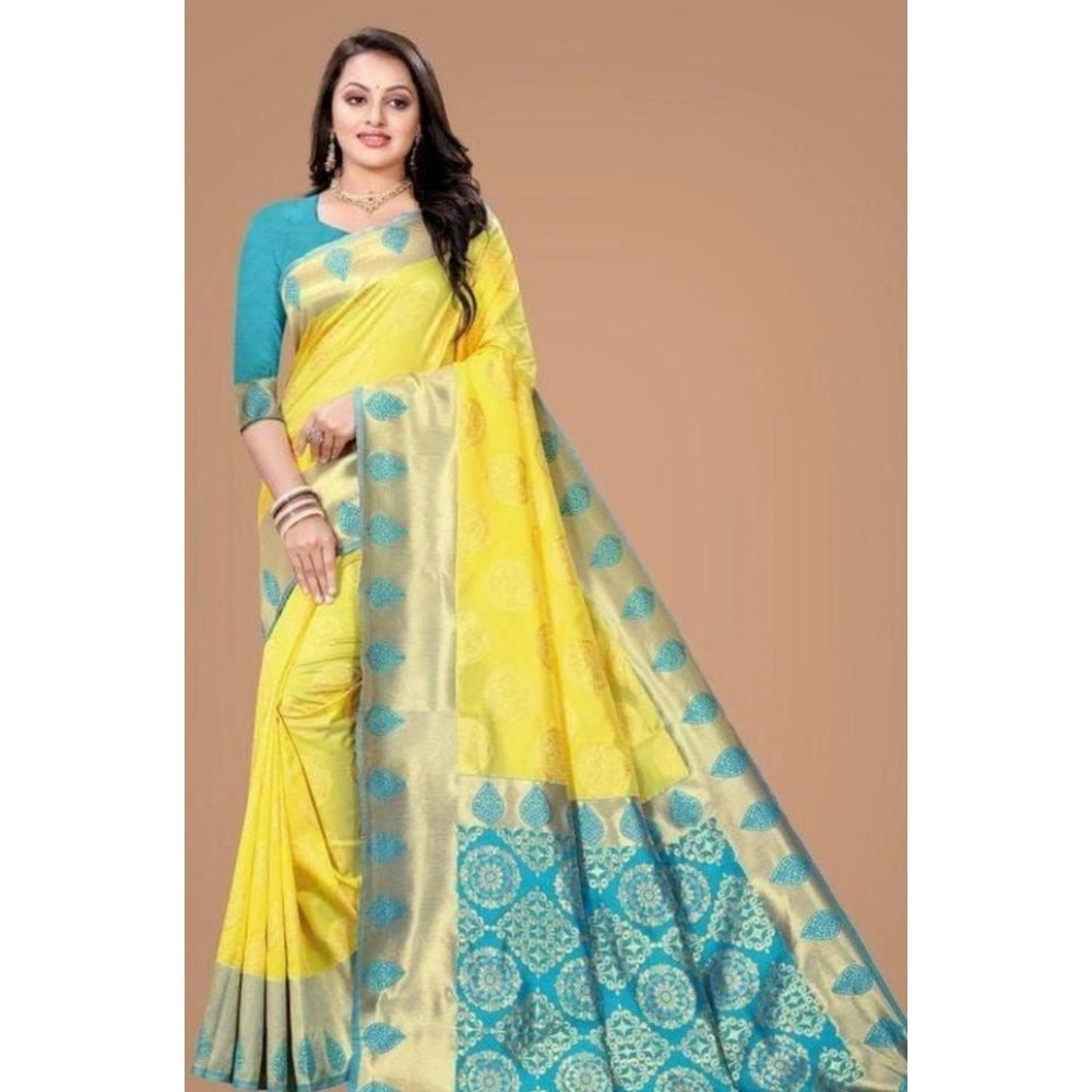 Women's Litchi Silk Printed Saree — Yellow · LLOW
