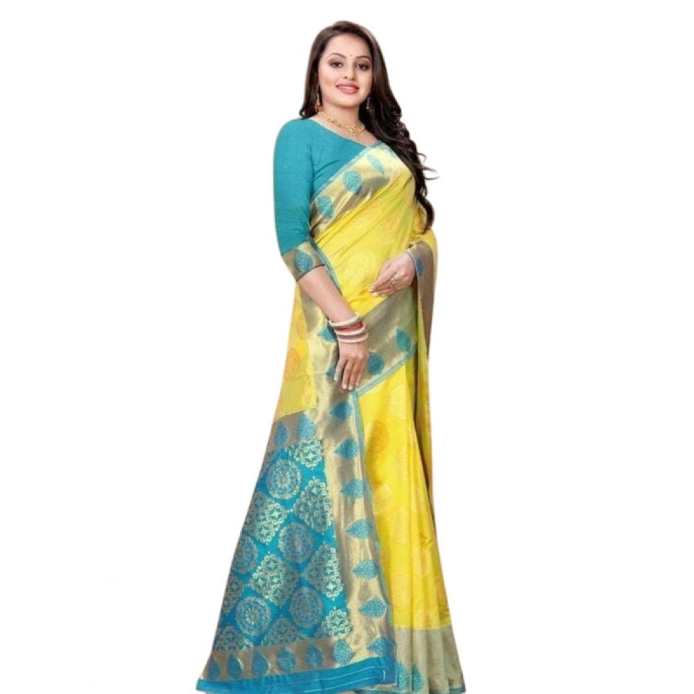 Women's Litchi Silk Printed Saree — Yellow · LLOW