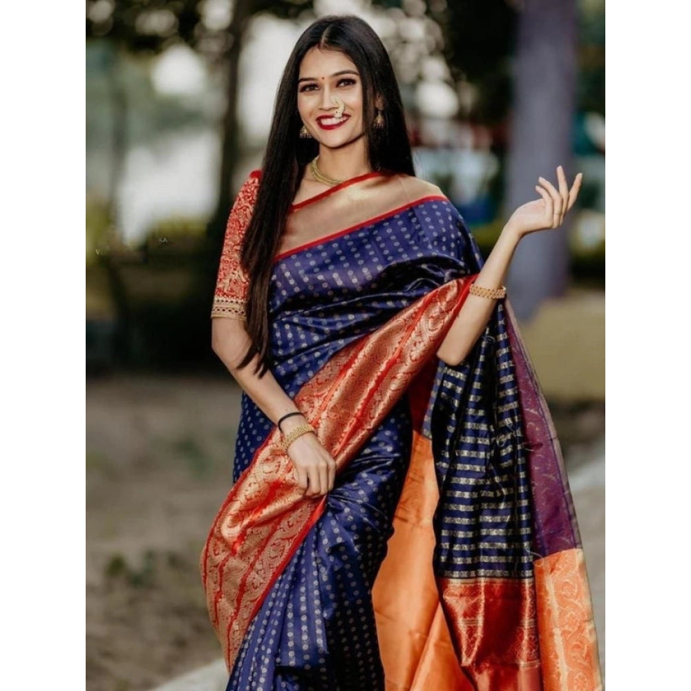 Women's Litchi Silk Printed Saree — Blue · BLUE