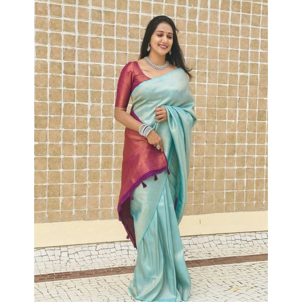 Women's Litchi Silk Printed Saree — Blue · BLUE