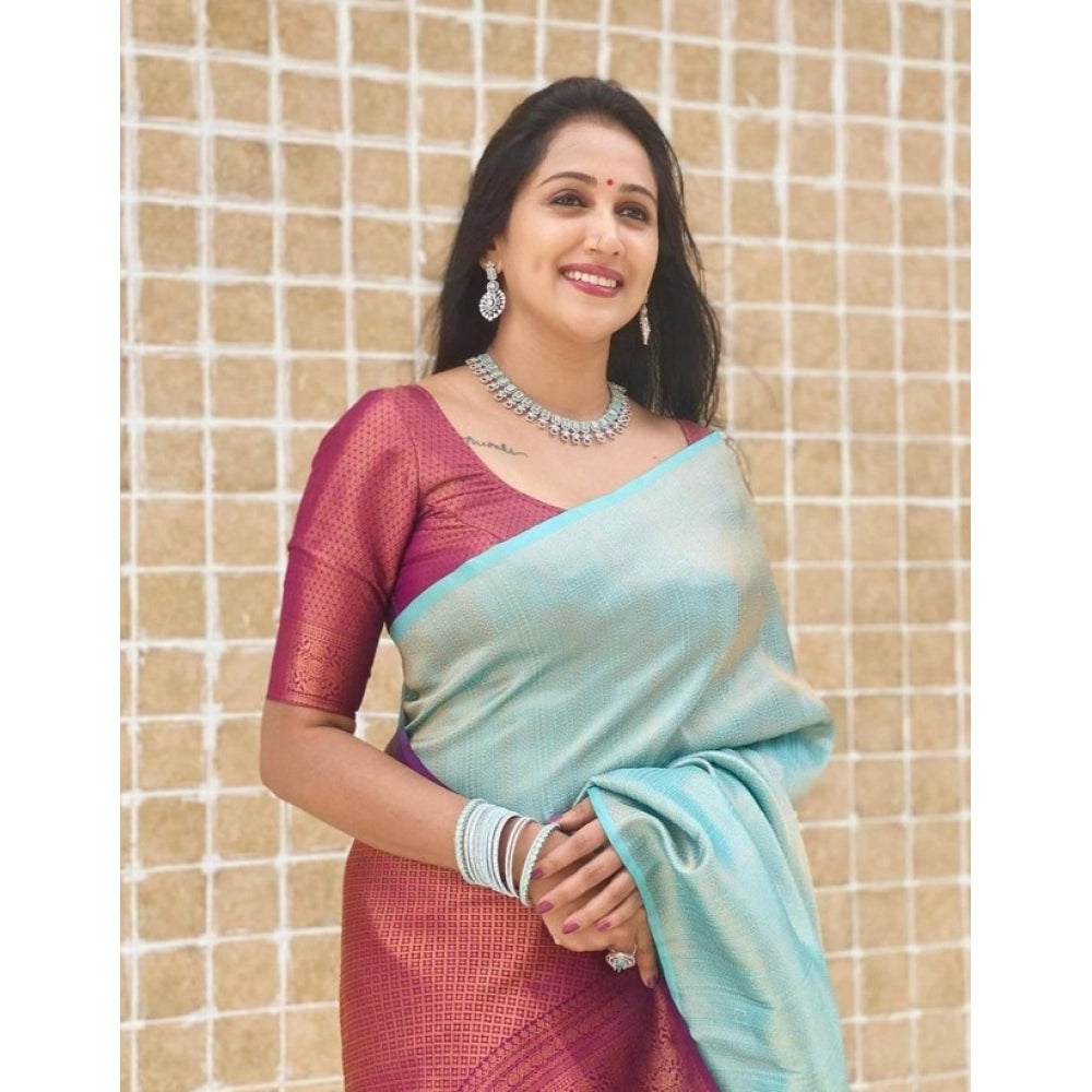 Women's Litchi Silk Printed Saree — Blue · BLUE
