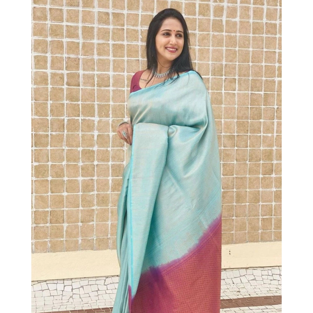Women's Litchi Silk Printed Saree — Blue · BLUE