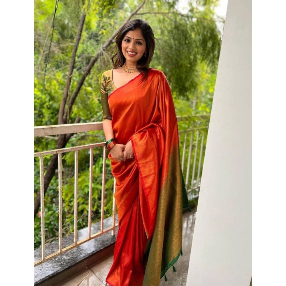 Women's Litchi Silk Printed Saree — Red · _RED
