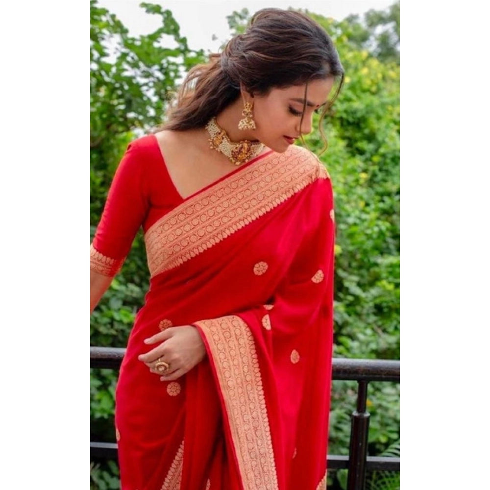 Women's Litchi Silk Printed Saree — Red · _RED