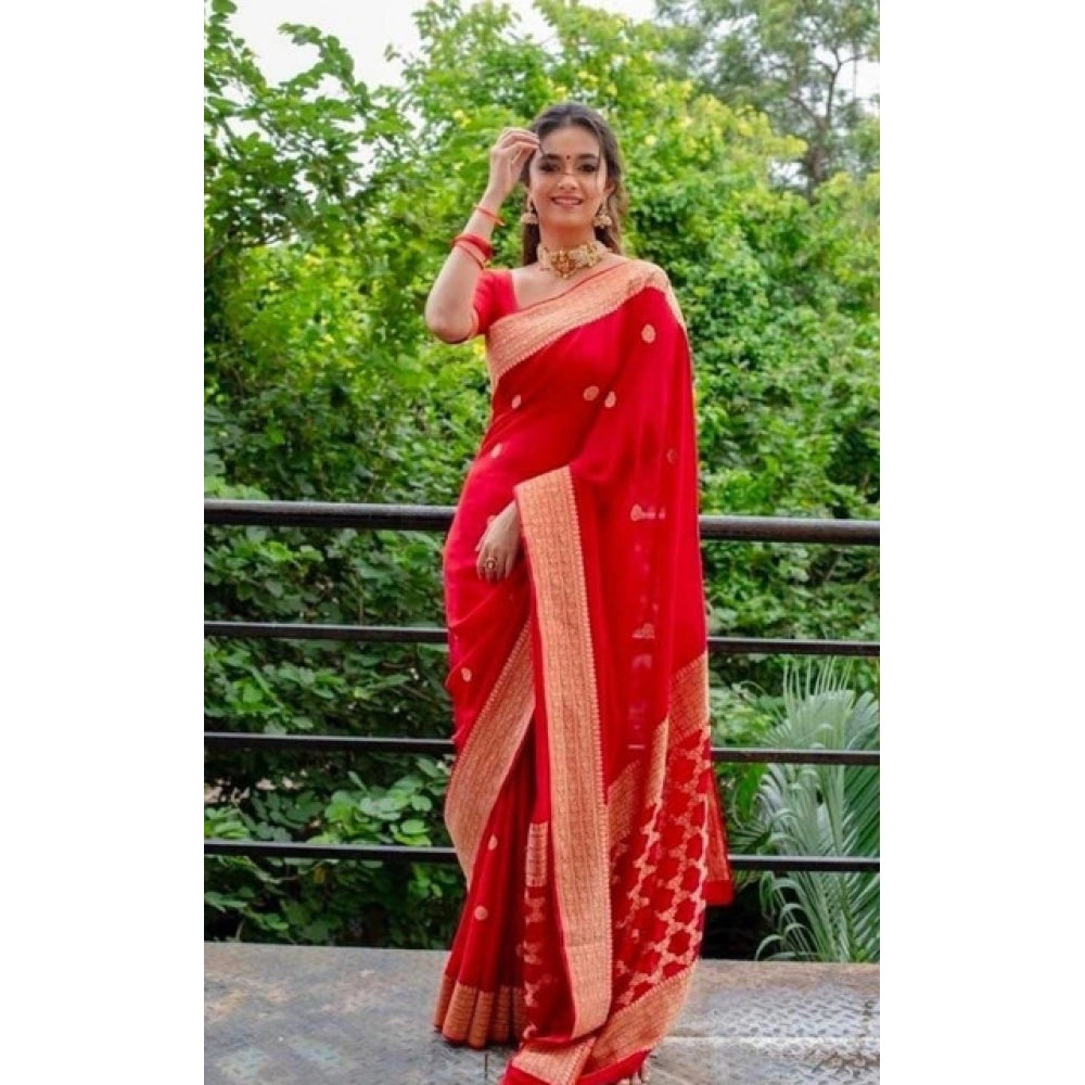 Women's Litchi Silk Printed Saree — Red · _RED