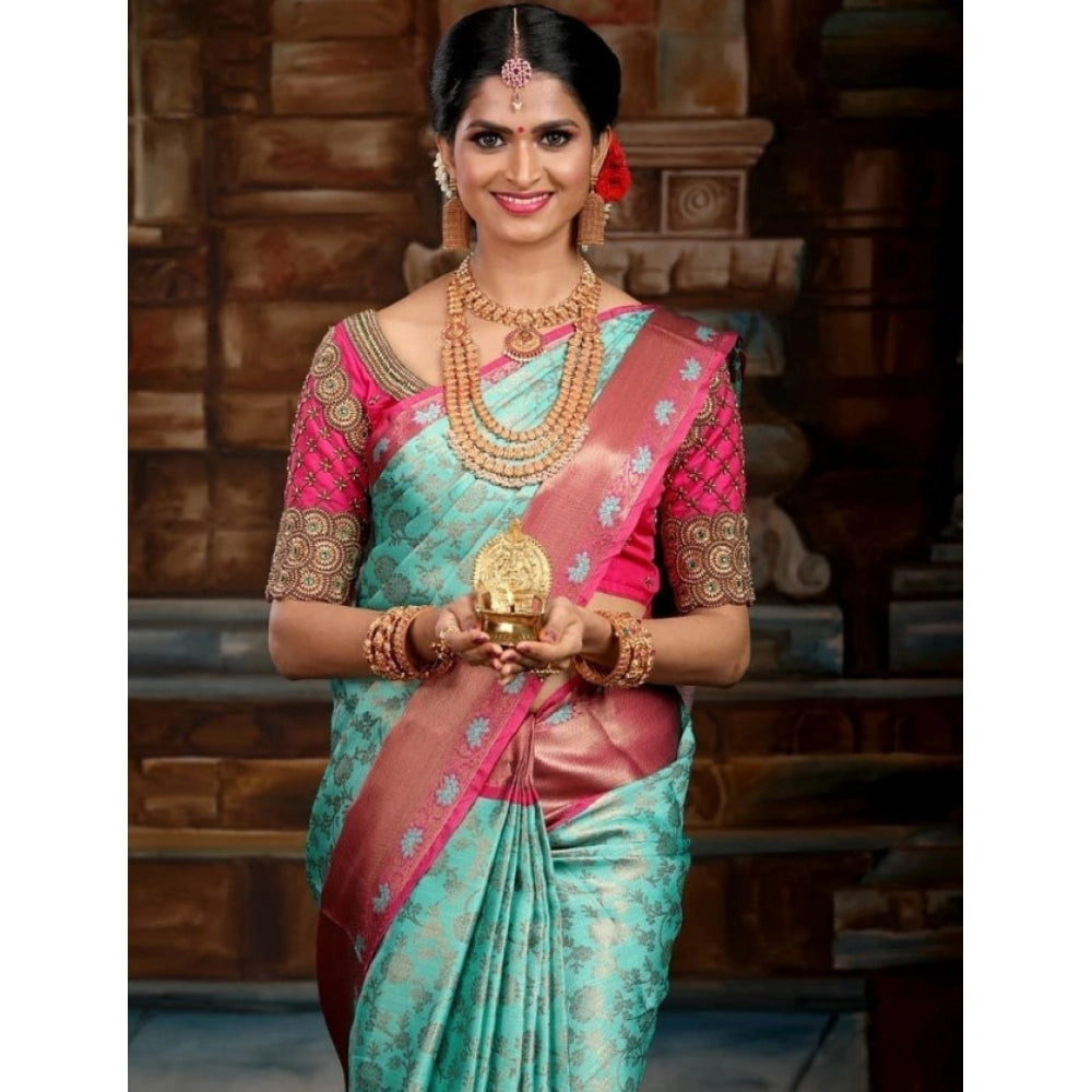 Women's Litchi Silk Printed Saree — Turquise Blue · rgrn