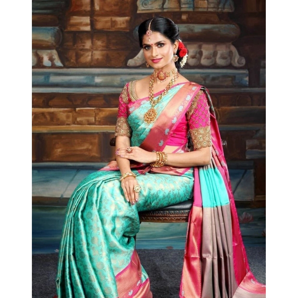 Women's Litchi Silk Printed Saree — Turquise Blue · rgrn