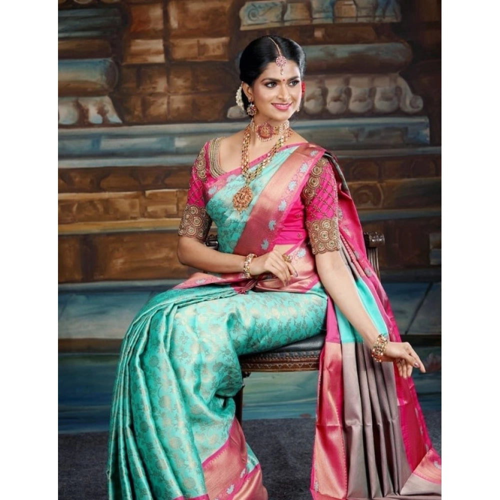 Women's Litchi Silk Printed Saree — Turquise Blue · rgrn
