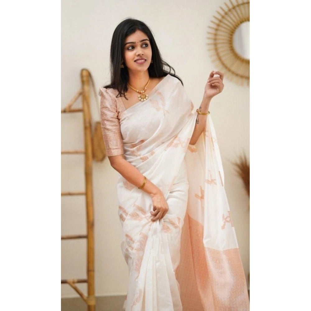 Women's Litchi Silk Printed Saree — White