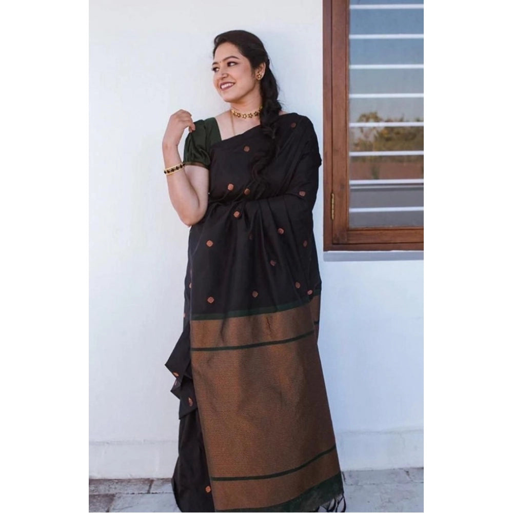 Women's Litchi Silk Printed Saree — Black · lack