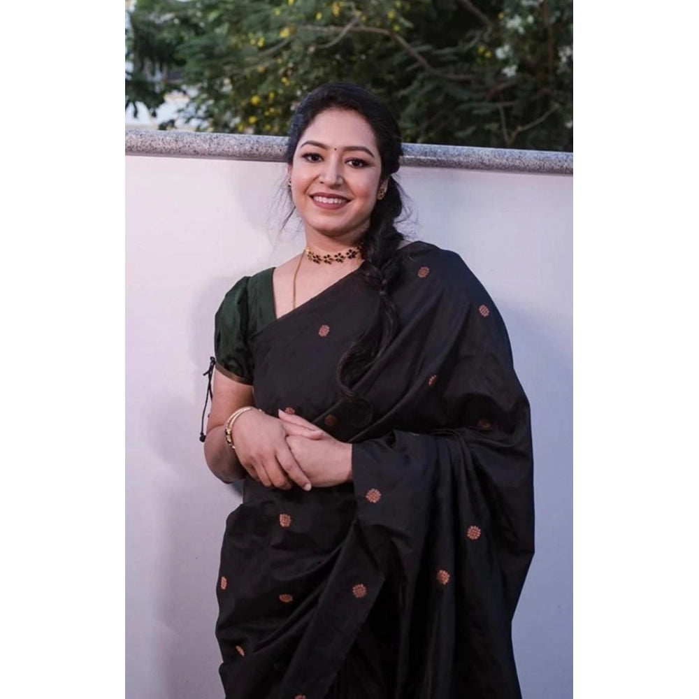 Women's Litchi Silk Printed Saree — Black · lack