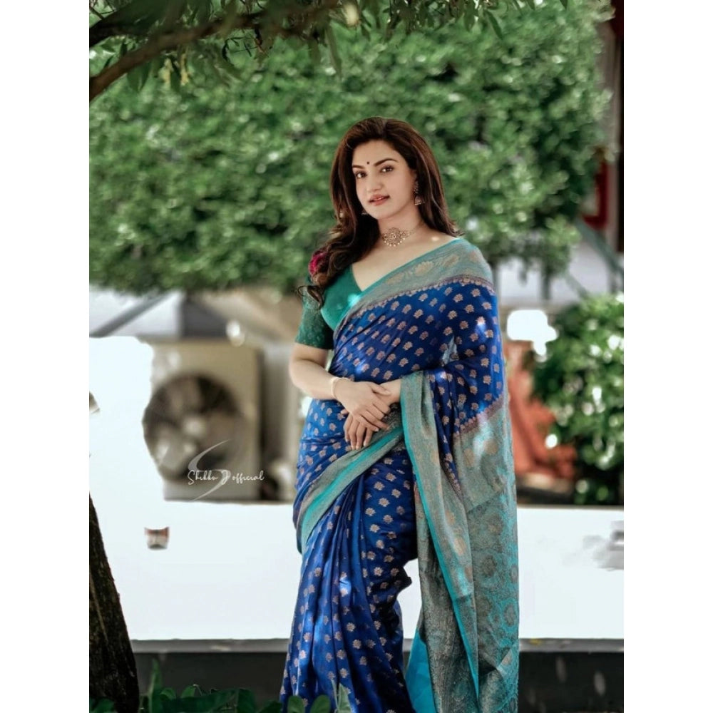 Women's Litchi Silk Printed Saree — Navy Blue · yblu