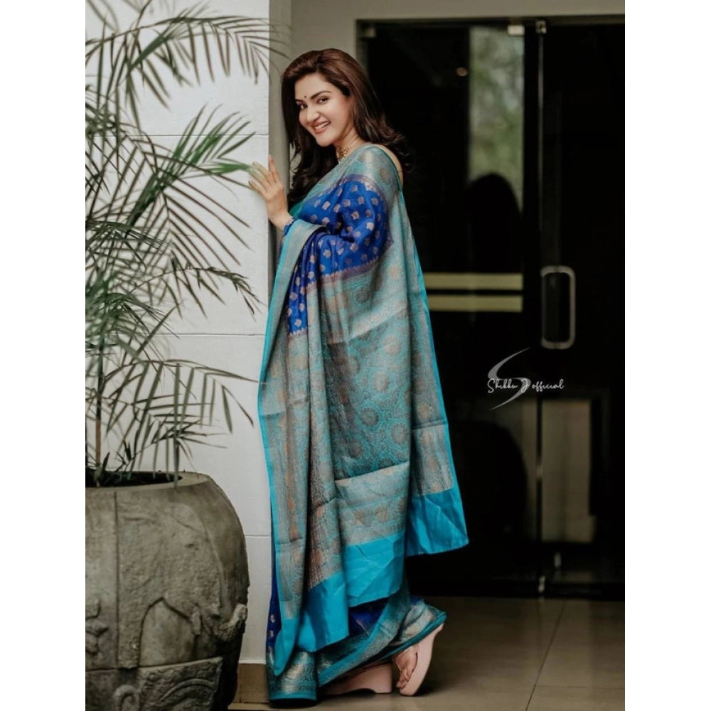 Women's Litchi Silk Printed Saree — Navy Blue · yblu
