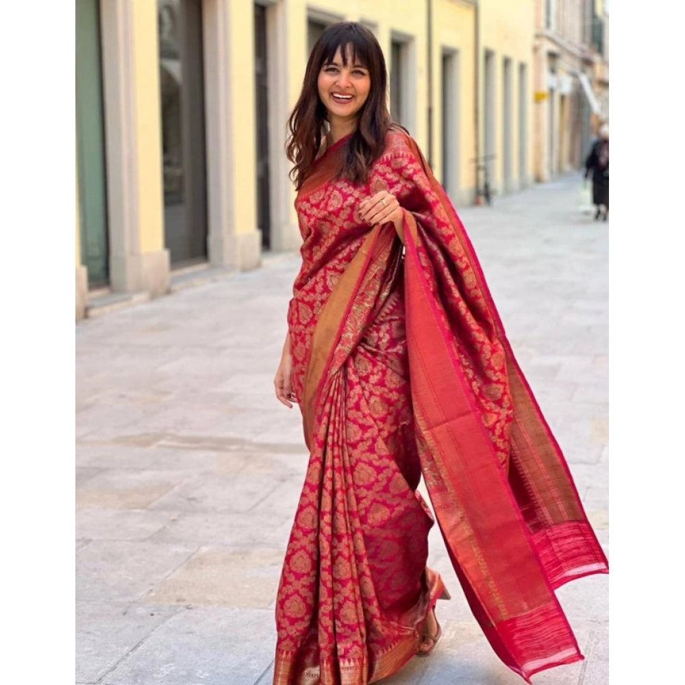 Women's Litchi Silk Printed Saree — Red · _red