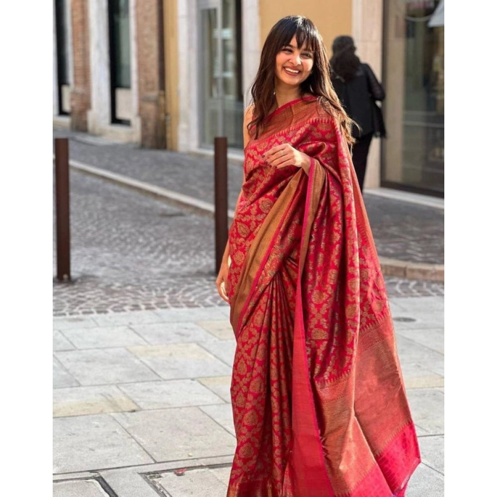 Women's Litchi Silk Printed Saree — Red · _red