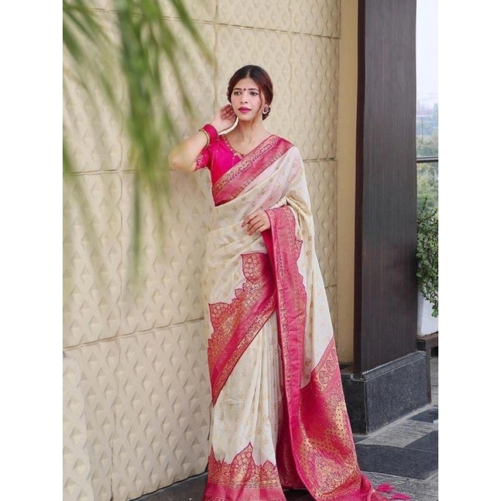 Women's Litchi Silk Printed Saree — Half White