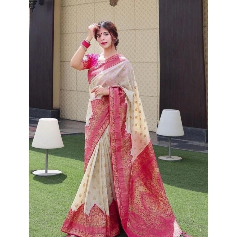 Women's Litchi Silk Printed Saree — Half White