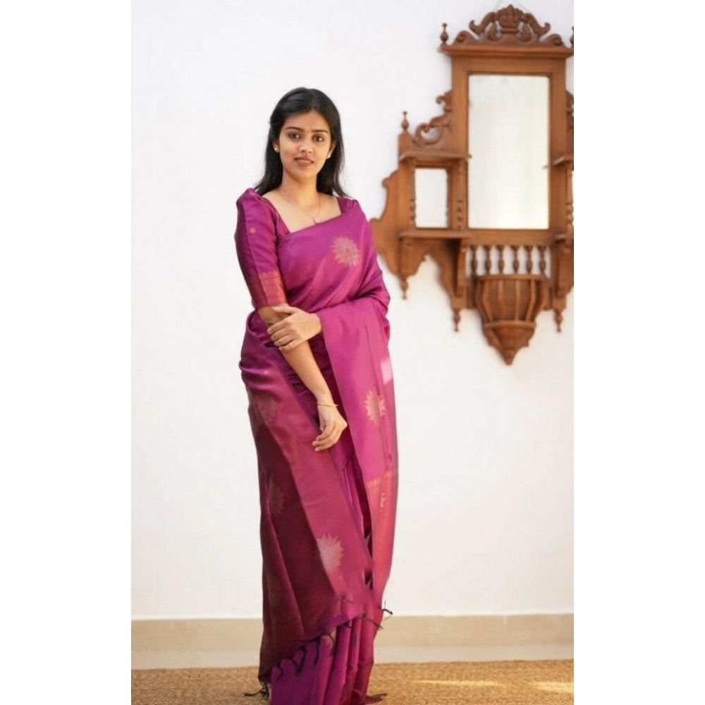 Women's Litchi Silk Printed Saree — Dark Pink