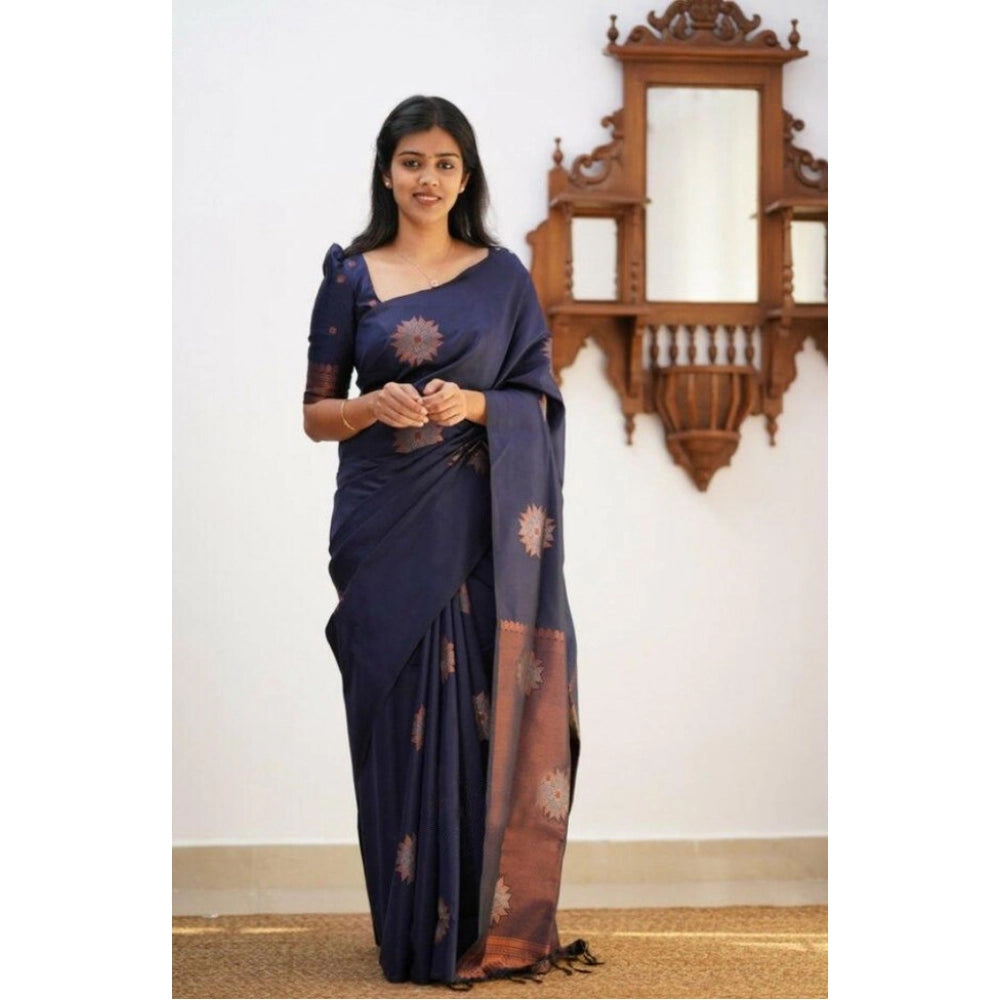 Women's Litchi Silk Printed Saree — Dark Blue · kblu