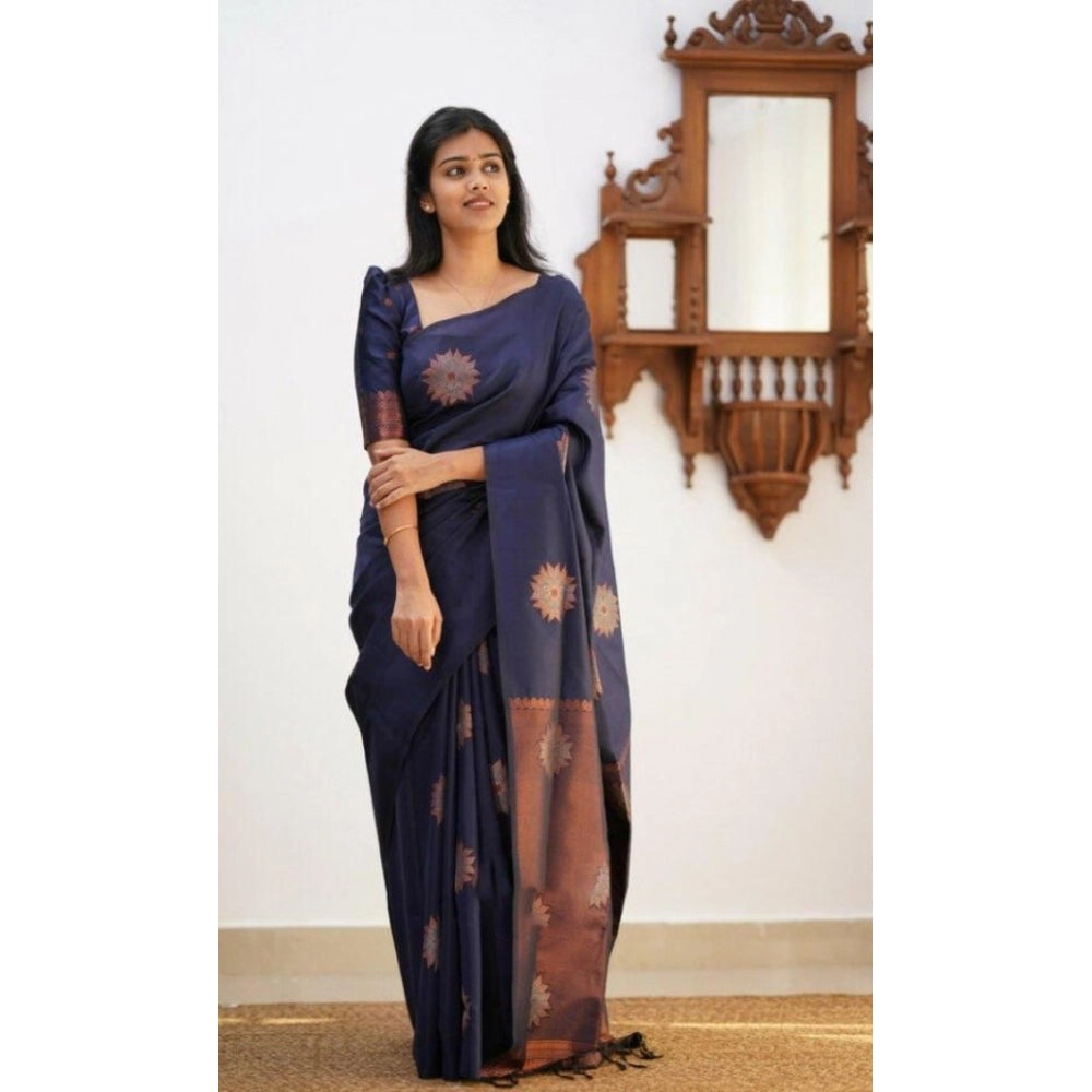 Women's Litchi Silk Printed Saree — Dark Blue · kblu