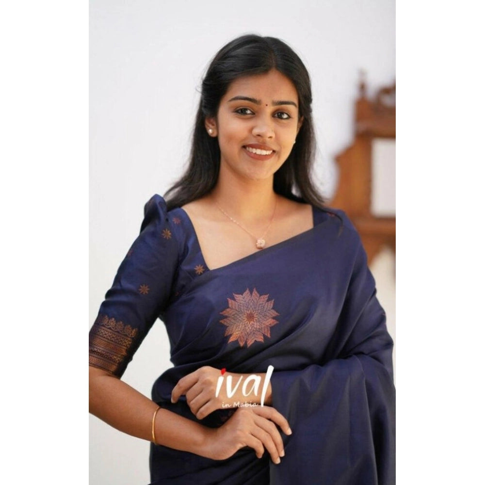 Women's Litchi Silk Printed Saree — Dark Blue · kblu