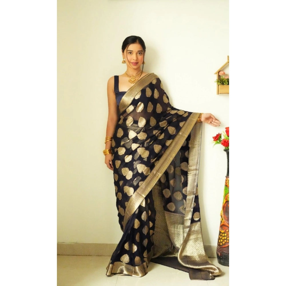 Women's Litchi Silk Printed Saree — Black · lack