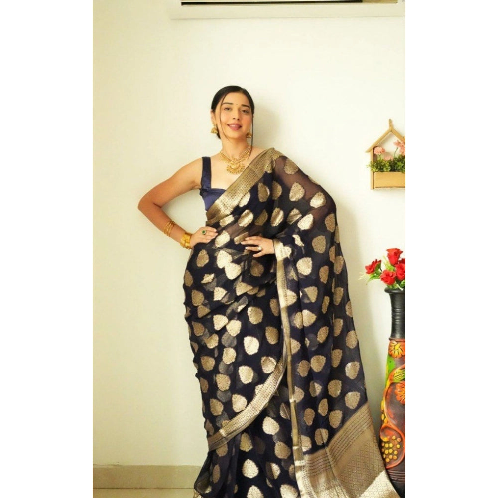 Women's Litchi Silk Printed Saree — Black · lack