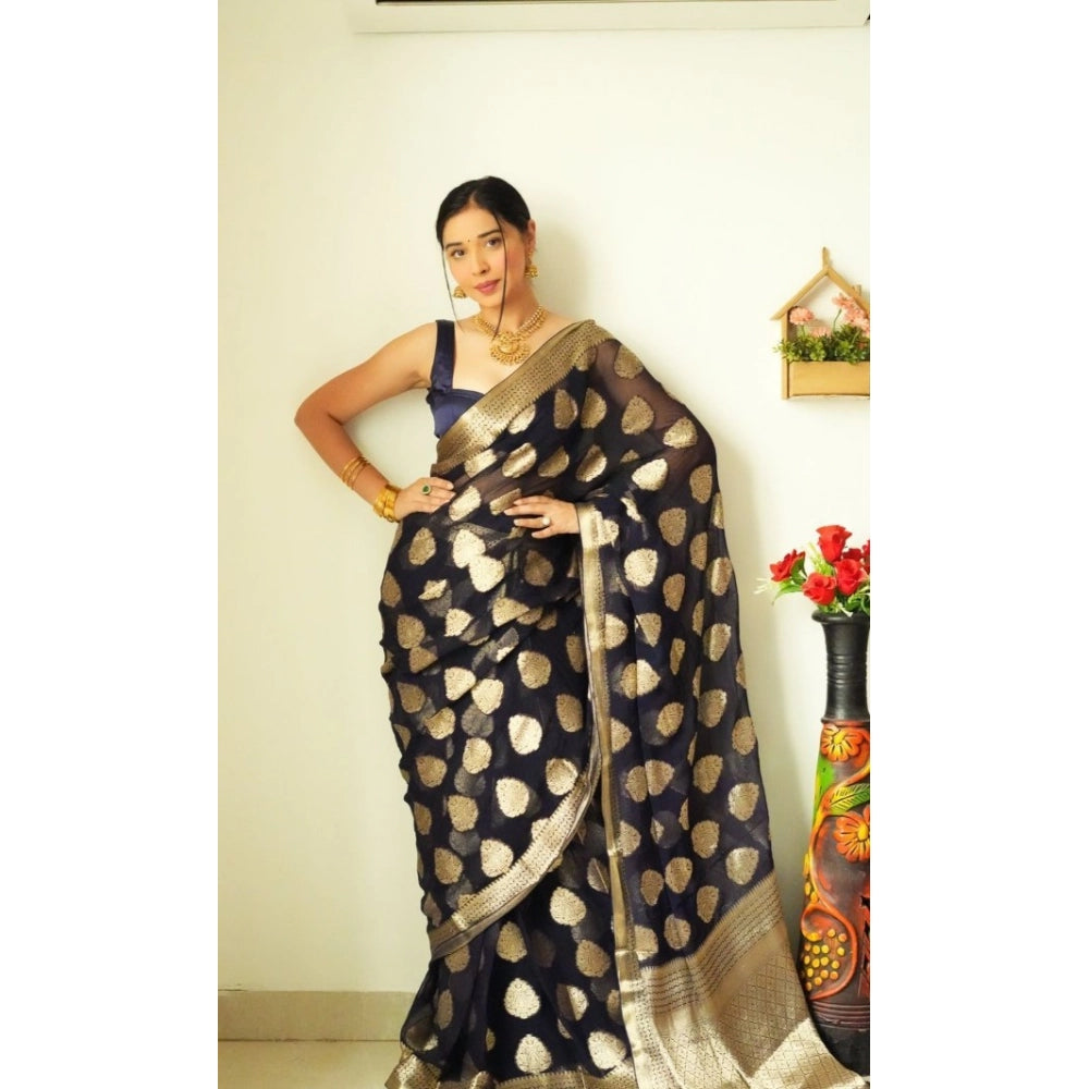 Women's Litchi Silk Printed Saree — Black · lack