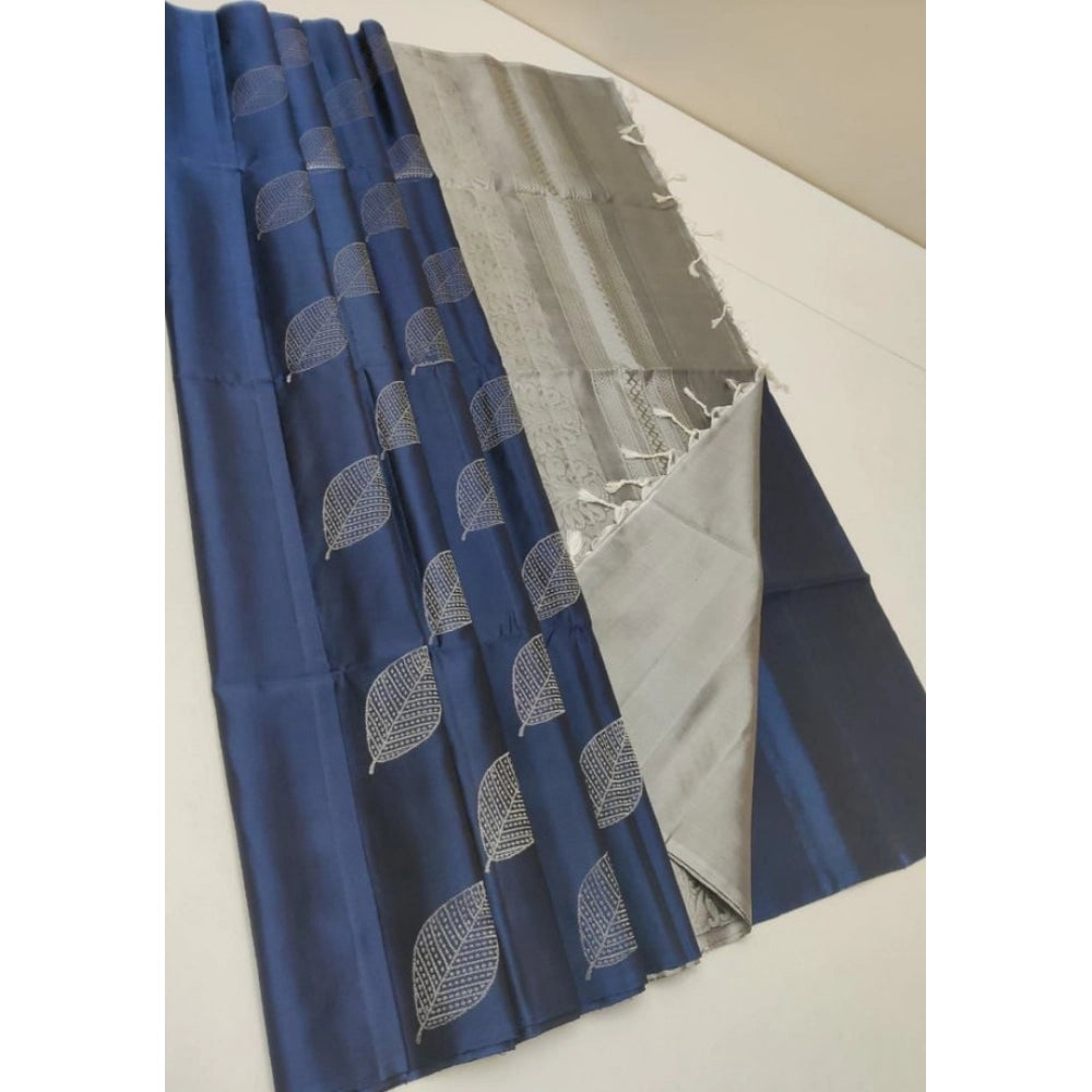 Women's Litchi Silk Printed Saree — Dark Blue · kblu