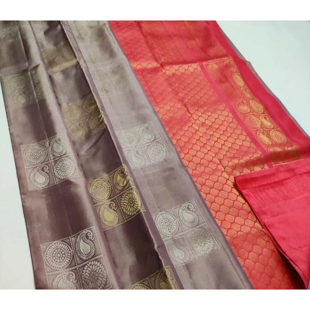 Women's Litchi Silk Printed Saree — Brown With Orange