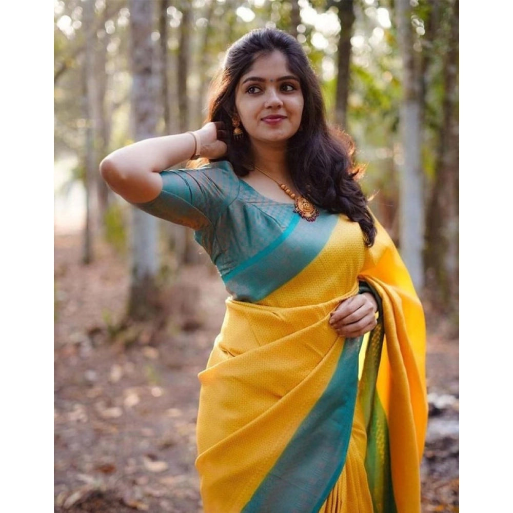 Women's Litchi Silk Printed Saree — Yellow · _ylw