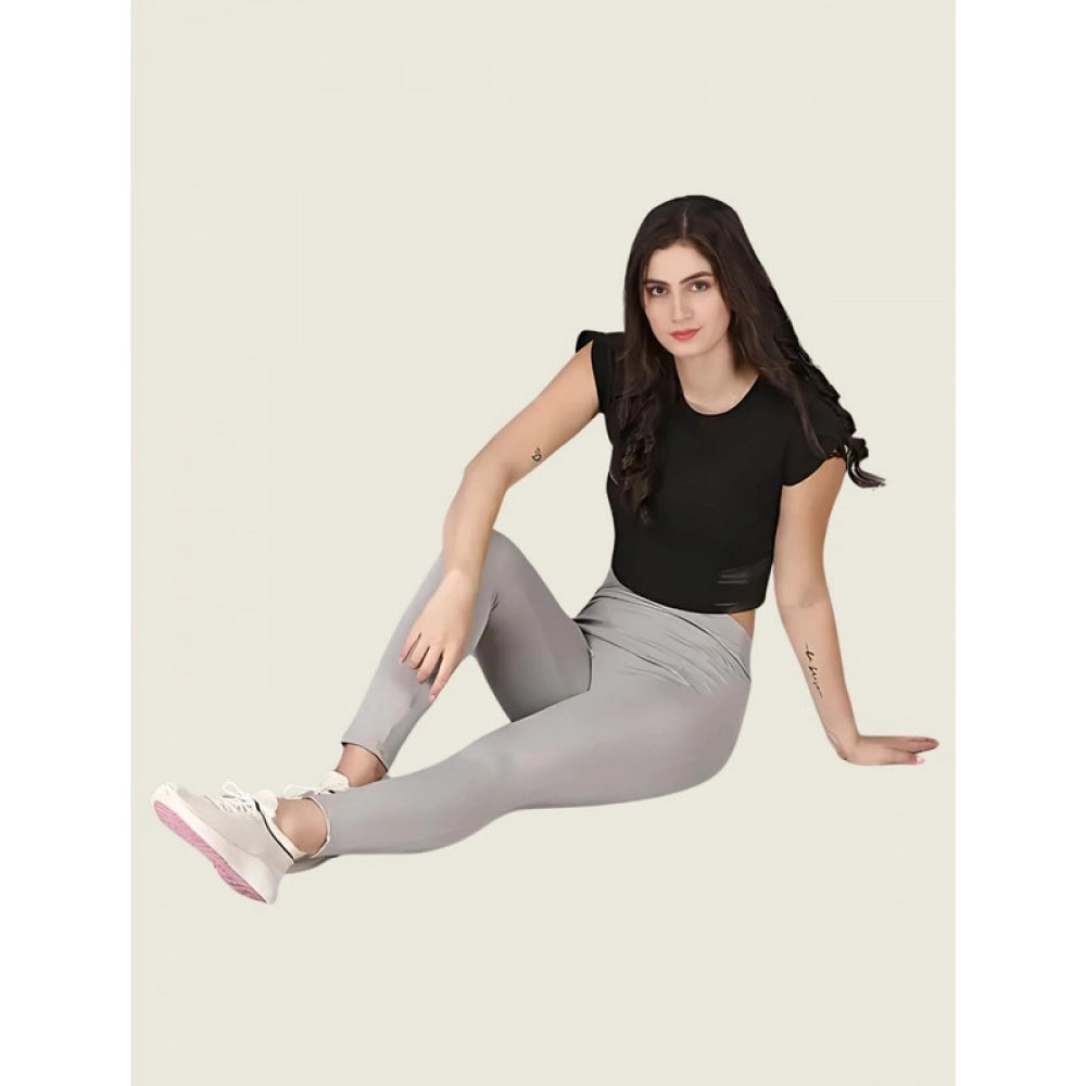 Women's Solid Ankle Length High Waisted Tights — Grey