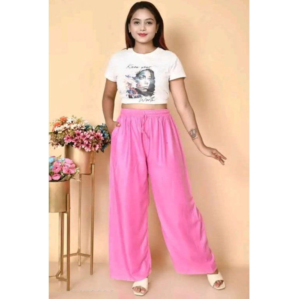 Women's Casual Rayon Solid Ankle Length Palazzo — Pink