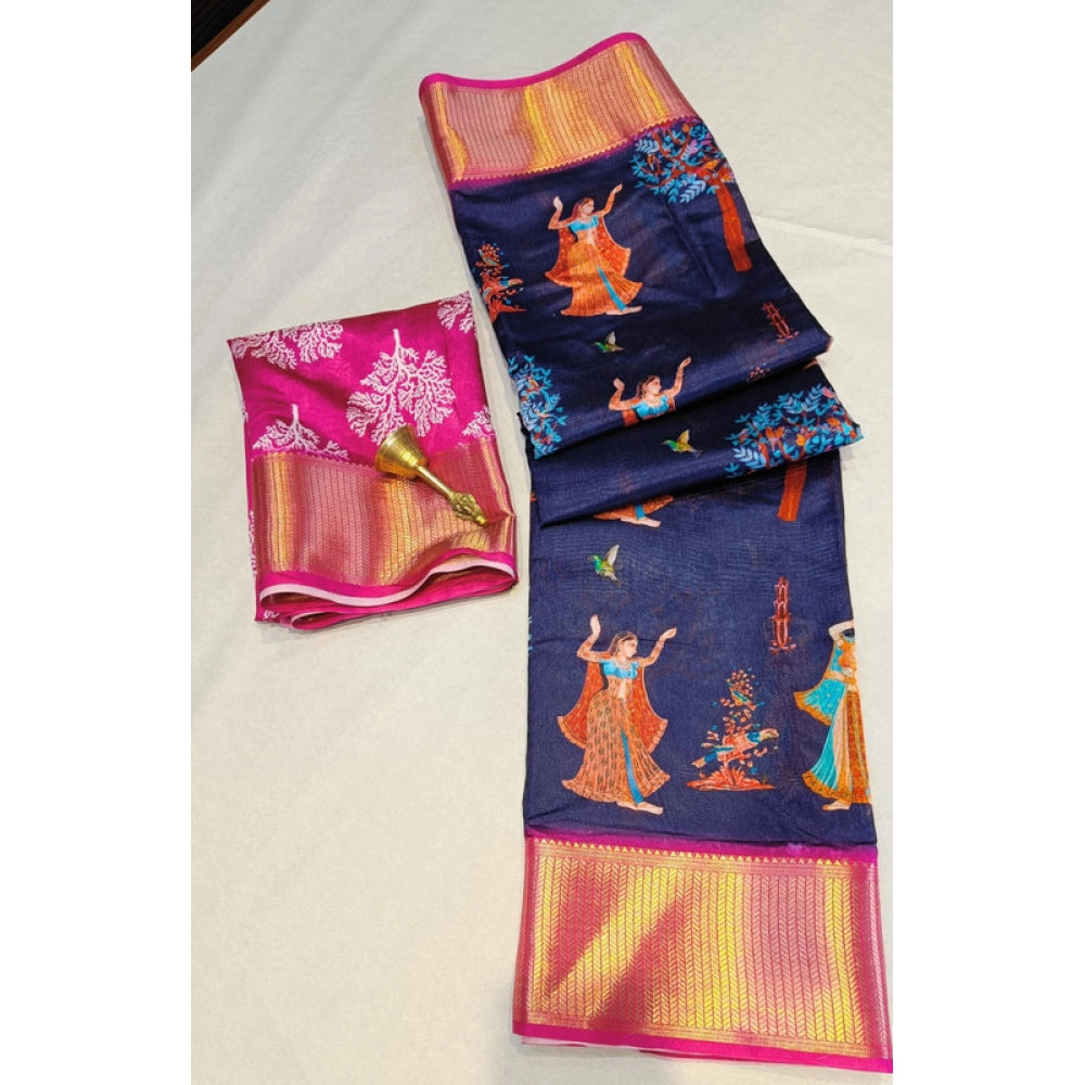 Women's Digital Dolla Silk Printed Saree — Navy Blue · 1051