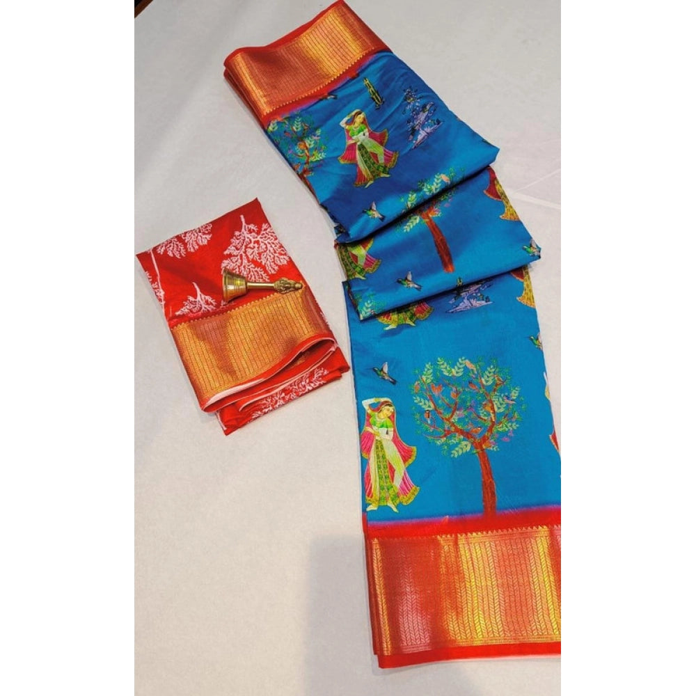 Women's Digital Dolla Silk Printed Saree — Sky Blue · 1055